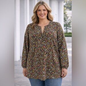 LOFT Plus Women’s Floral Blouse Size 16 Black Pink Yellow Long Sleeve Tunic Top